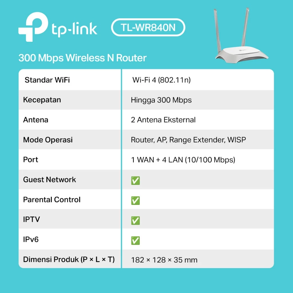 TP-Link | TL-WR840N | Router WiFi | 300Mbps | Router TP-Link | Wireless N | Router Rumah | Internet Cepat | WiFi Router | Mode Repeater |