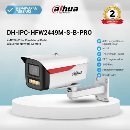 Dahua Wizcolor Camera Series DH-IPC-HFW2449M-S-B-PRO | Kamera CCTV IP Outdoor 4MP Wizcolor Fixed-focal Bullet Wizsense