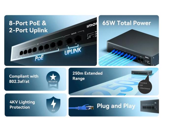 IMOU SF110P 8+2 Switch Hub PoE Unmanaged 100Mbps IP Camera CCTV Kabel LAN