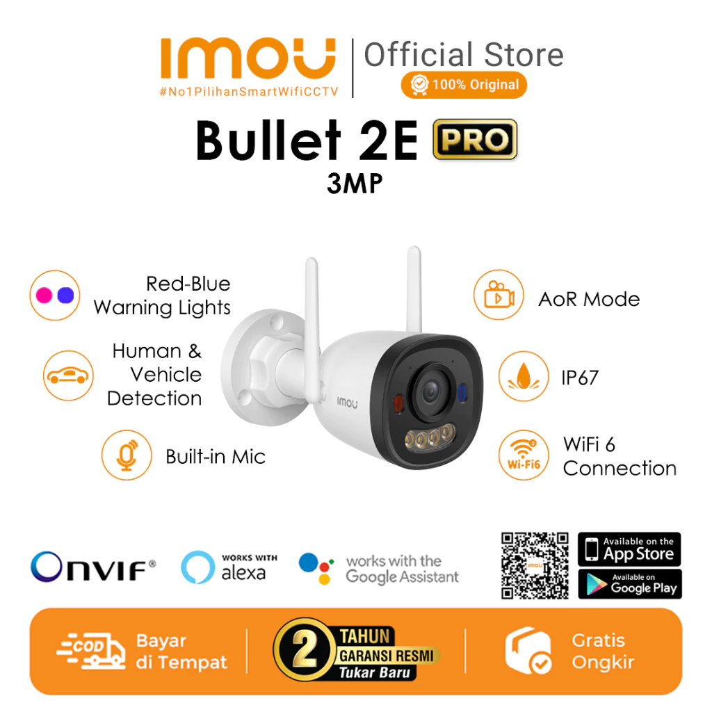 IMOU Bullet 2E Pro 3MP Outdoor Smart CCTV Wi-Fi 6 Human & Vehicle Detection Red Blue Strobe